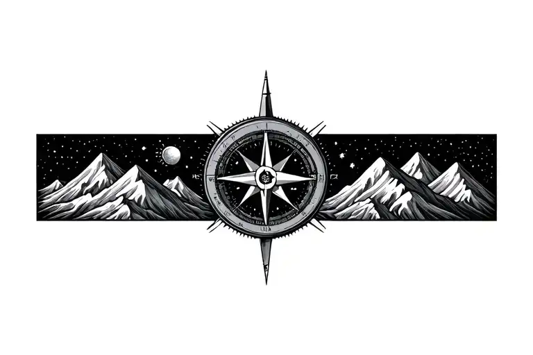 Compass Surrounded By Cosmos And Mountins