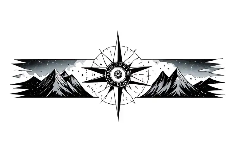 Compass Surrounded By Cosmos And Mountins