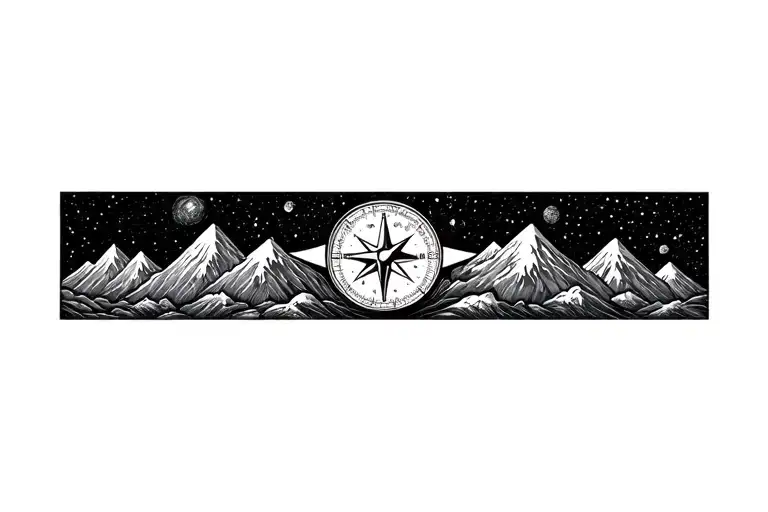 Compass Surrounded By Cosmos And Mountins