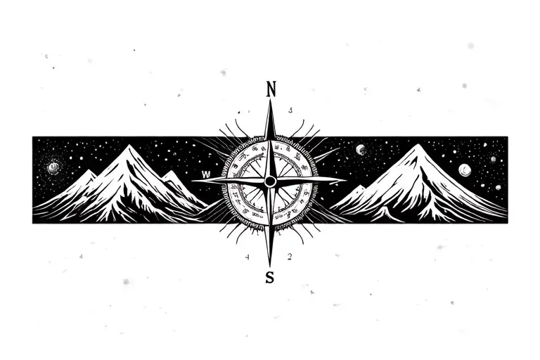 Compass Surrounded By Cosmos And Mountins