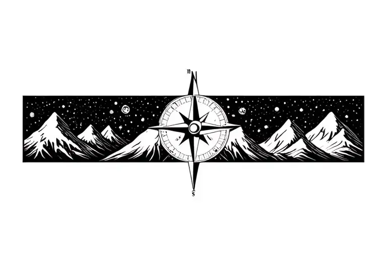 Compass Surrounded By Cosmos And Mountins