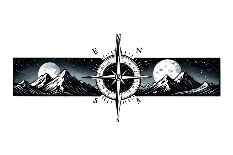 Compass Surrounded By Cosmos And Mountins