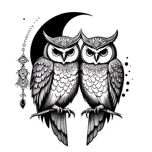 Owl Couple With Moon And Hanging Mandala