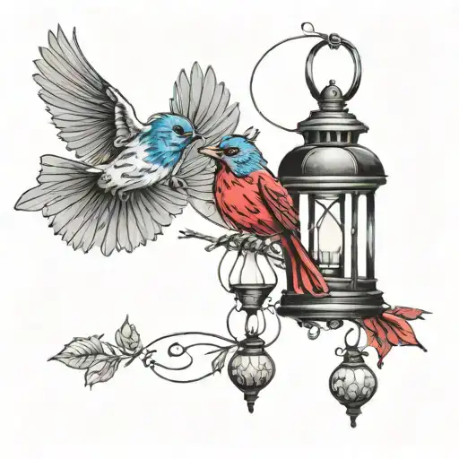 Lantern With Blue Bird And Red Bird Flying