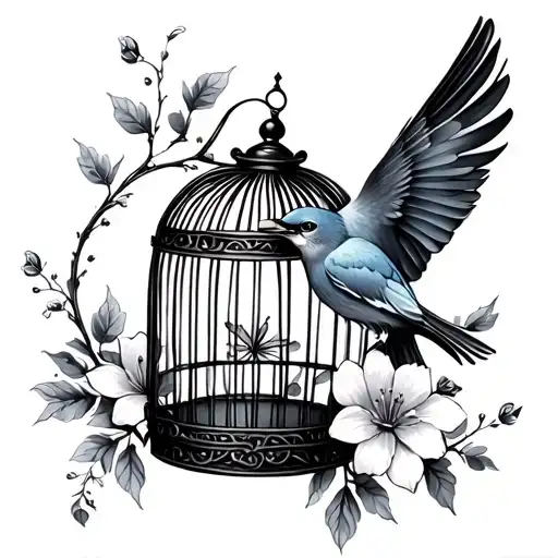 Cage With Bird Flowers Feminine