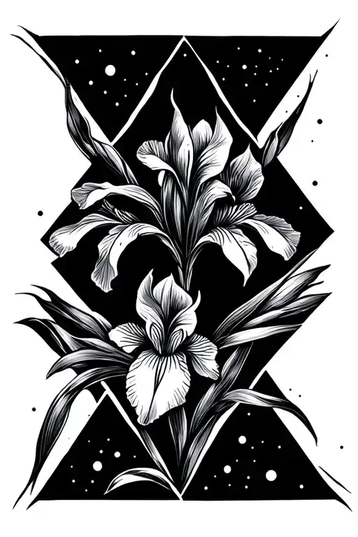 Siberian Iris Superimposed Over Diamond Or Kite Shape Stylized With Dots