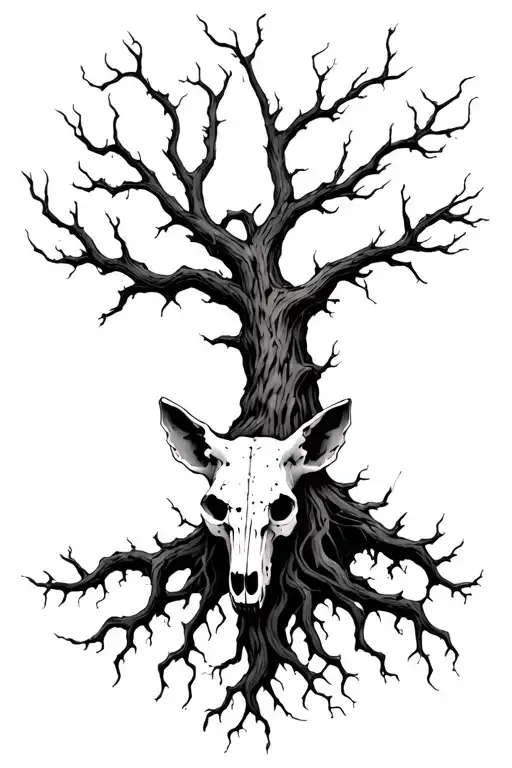 Dead Tree With Roots That Weave Through A Hyena Skull