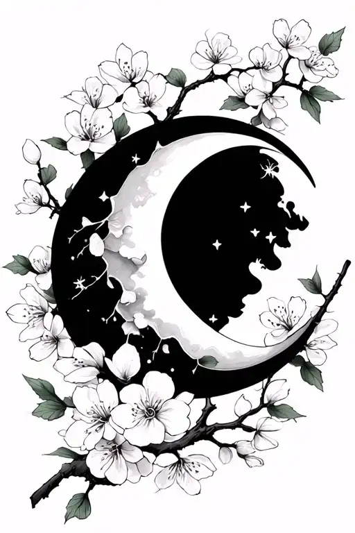 Crescent Moon On Hand And Branch Of Cherry Blossom