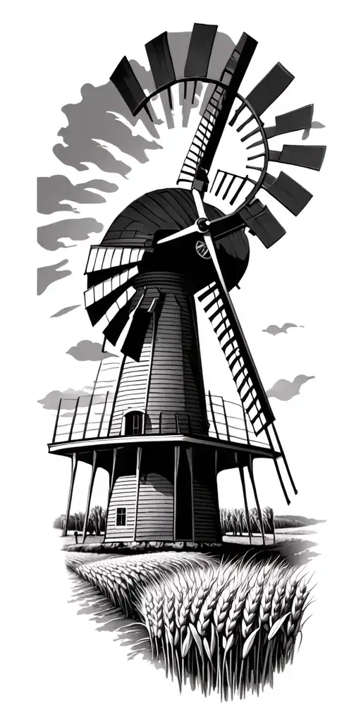 Windmill Surrounded By Corn Fields And Wheat Fields