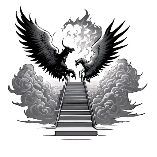Heaven And Hell Clouds And Stair Way For Heaven And Flames For Hell Clashing Together