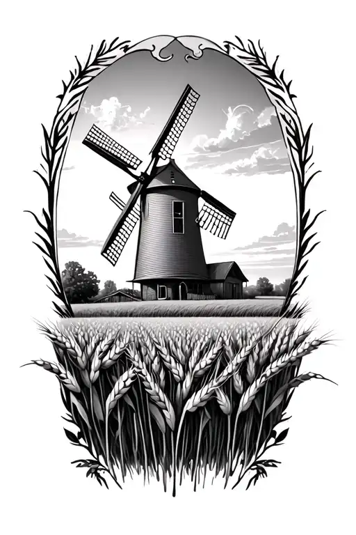 Corn And Wheat Fields Complementing A Windmill