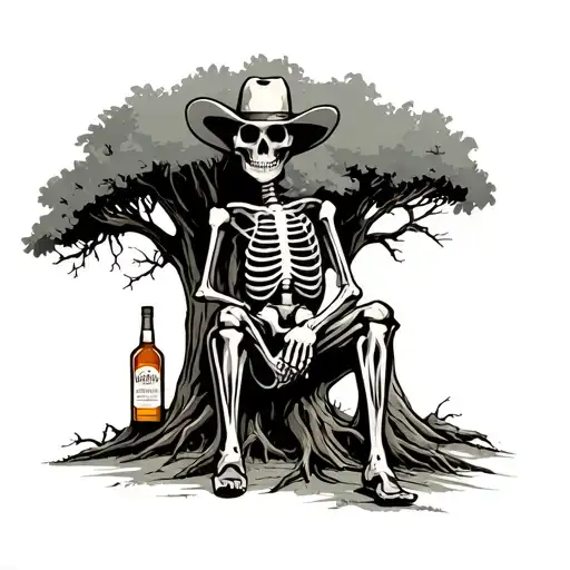 Cowboy Skeleton Siting Against Tree With A Bottle Of Whiskey