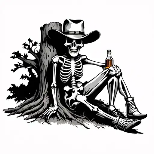 Cowboy Skeleton Siting Against Tree With A Bottle Of Whiskey Realistic Looking