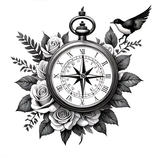 Compass And Pocket Watch With Roses And A Bird