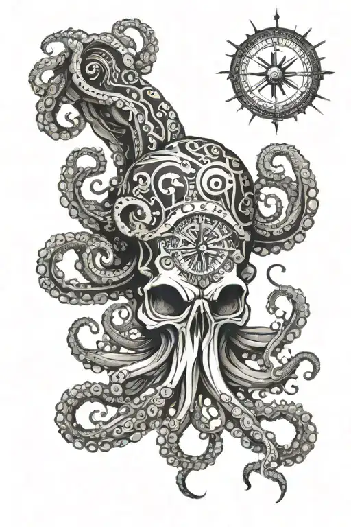 Octopus Wrapping Its Tentacles Skull And Compass