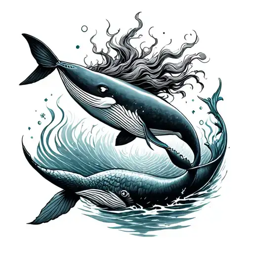 Whale And Mermaid Swimming