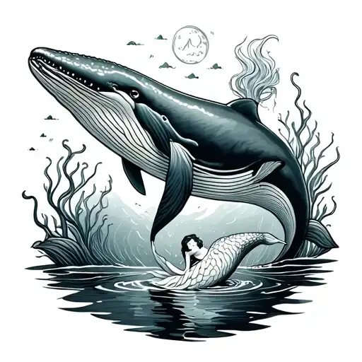 Whale And Mermaid Swimming