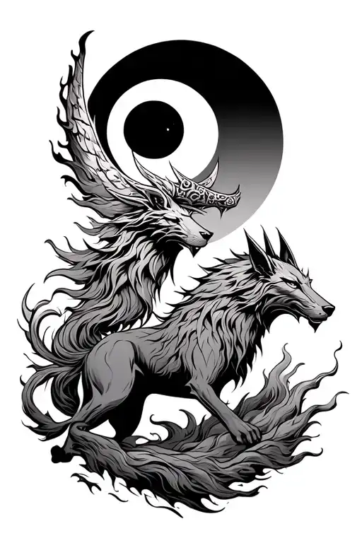 Norse Tribal Skoll And Hati Chasing The Sun And Moon