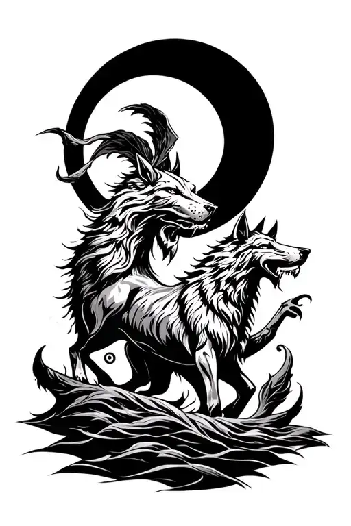 Norse Tribal Skoll And Hati Chasing The Sun And Moon