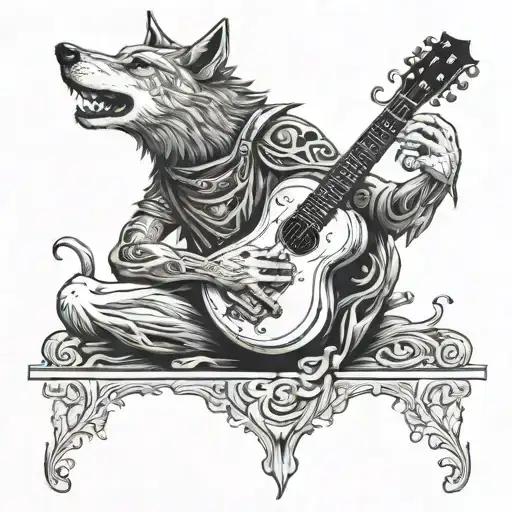 An Intricate Design Of A Mortician Playing A Guitar With A Wolf At Their Feet