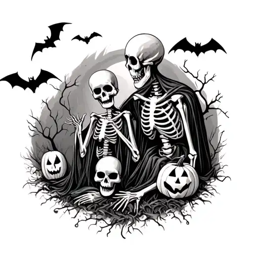 Skeletons Ghost And Bats Halloween Scene