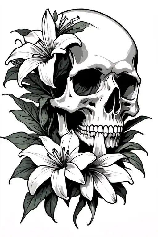 Skull With Lillies Top Of Arm Sleeve
