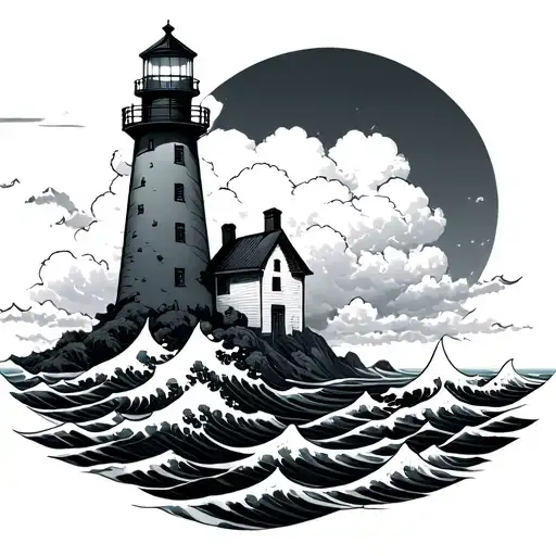 Make A Traditional Lighthouse With Waves Behind It Hitting A Japanese Cloud All In Black