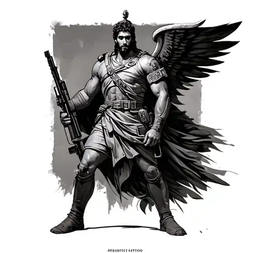 Greek God In Modern Military Uniforms With An Automatic