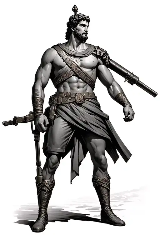 Greek God In Modern Military Uniforms With An Automatic