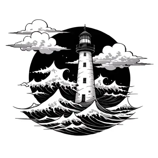 Make A Traditional Lighthouse With Waves Behind It Hitting A Japanese Cloud All In Black Line Design