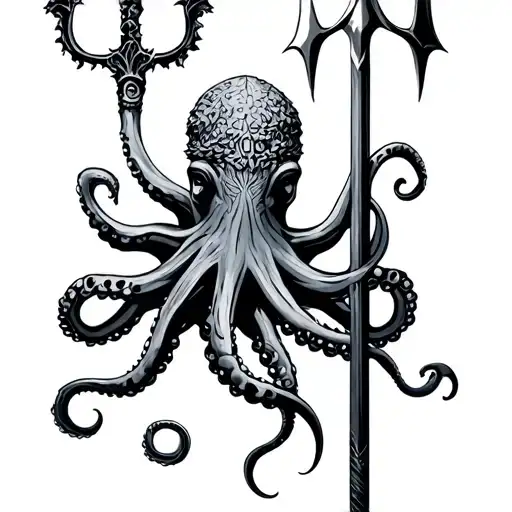 Poseidon With Black Art Trident With Octopus