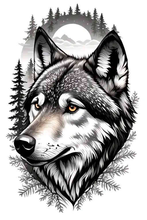 Wolf Face Surrounded By Forest Scene