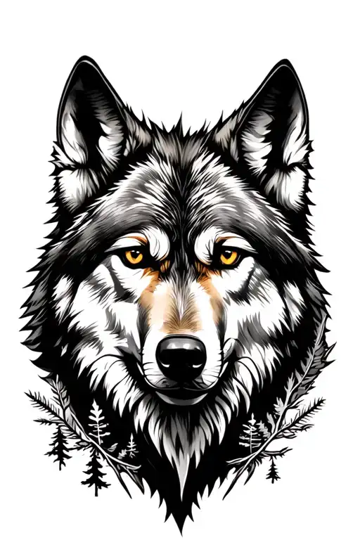 Wolf Face Surrounded By Forest Scene