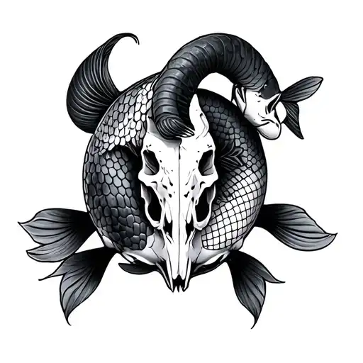 Arm Sleeve With 2 Koi Fish With Ram Skull Wearing