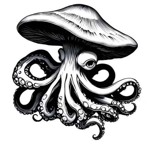 Mushroom And Octopus Drawing Alien Like Mystical Black And White Tattoo Fine Line