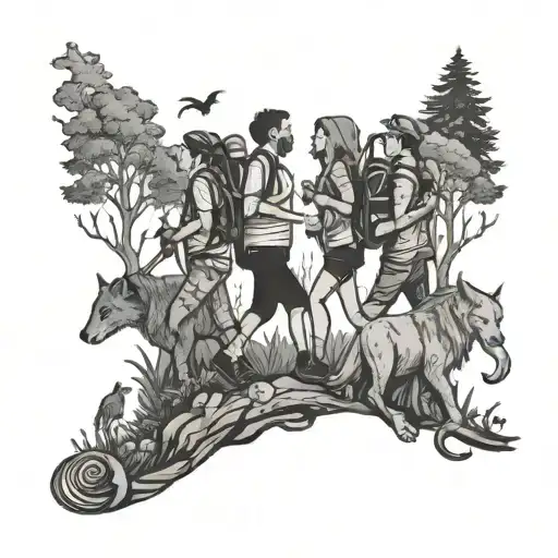 A Group Of Friends Hiking Through A Mystical Forest Filled With Magical Creatures