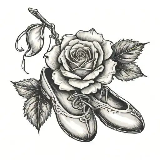 A Black-grey Tattoo Of A Rose With Ballet Shoes Hanging From The Stem