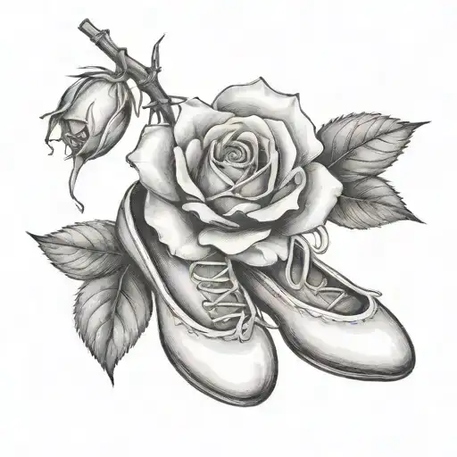 A Black-grey Tattoo Of A Rose With Ballet Shoes Hanging From The Stem