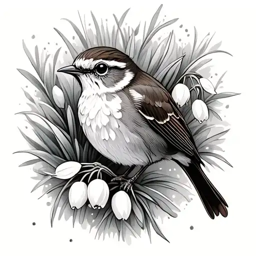 Wren On Snowdrops Line Drawing Style