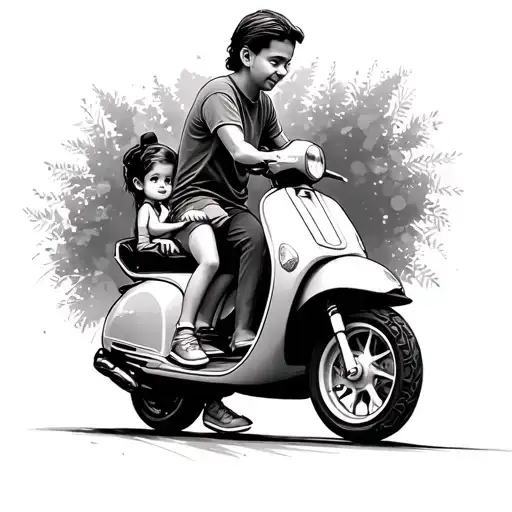 Father Little Girl In Scooter Outline