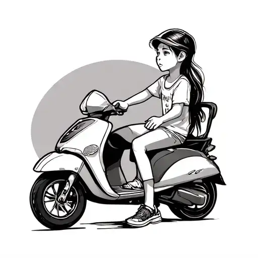 Father 8 Year Girl In Scooter Outline Side View
