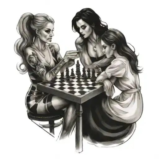 3 Women Around Chessboard Playing Chess