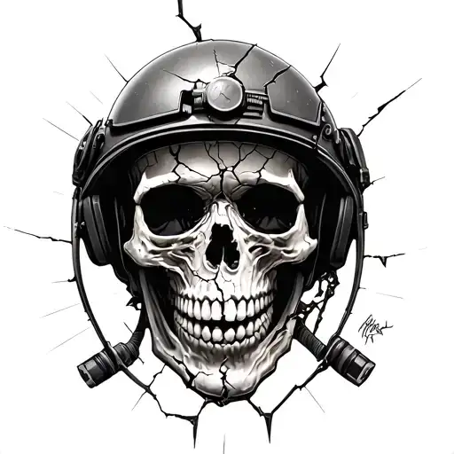 Cracked Skull With Ww2 Aviation Helmet