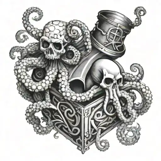 Octopus Climbing Out Of Jack In The Box With With Skull And Compass