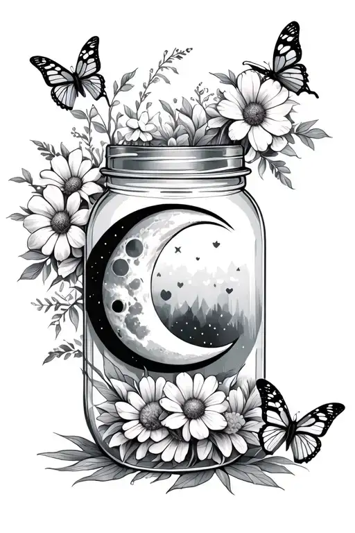 Sun And Moon Inside Of A Mason Jar With Flowers And Butterflies