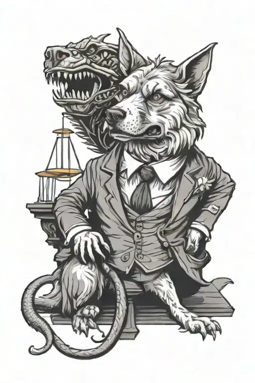A Tattoo Design Of A Lawyer Dog In A Courtroom Scene With Dragon Motifs