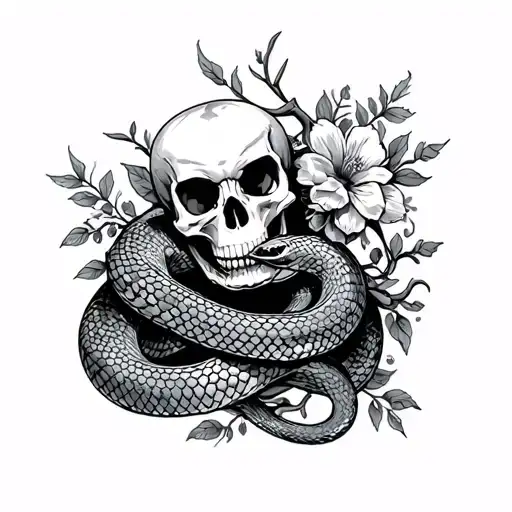 Snake Wrapped Around With Skull And Vines And Flowers