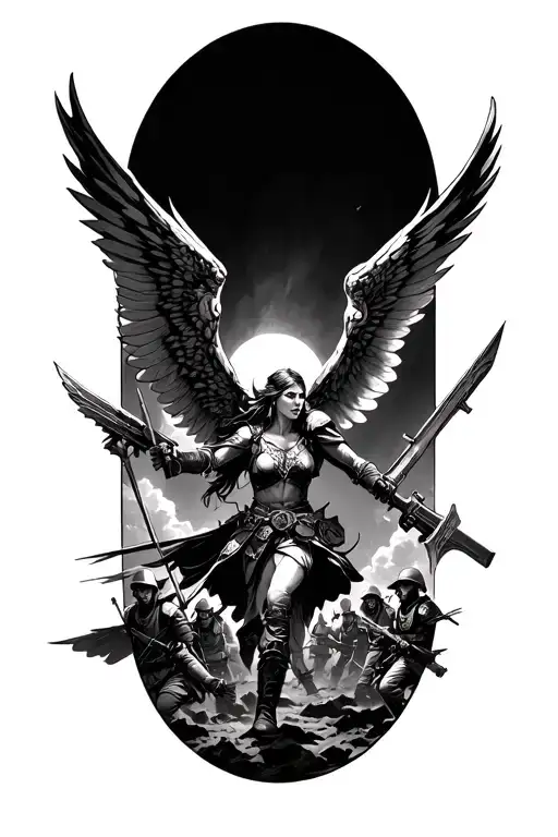 Valkyrie Fliying Over Battlefield Scene With Soldiers