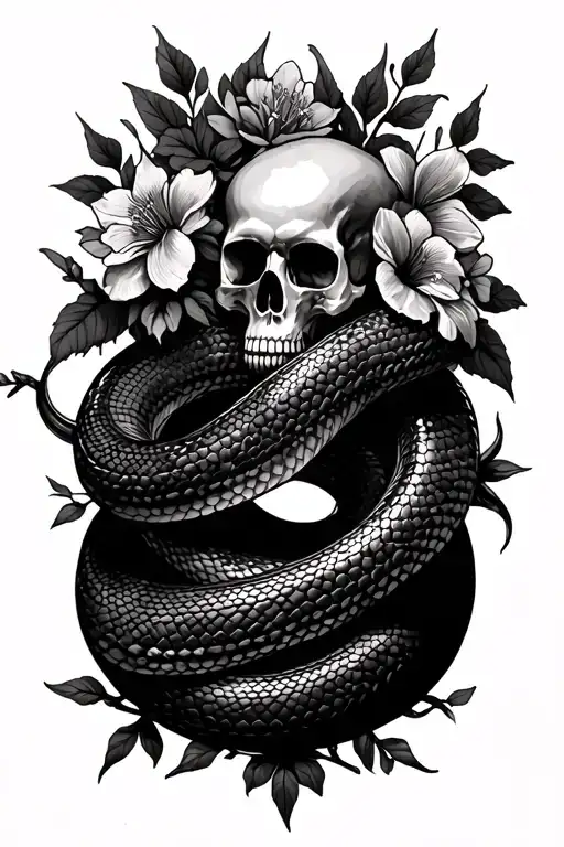 Snake Wrapped Around With Skull And Vines And Flowers
