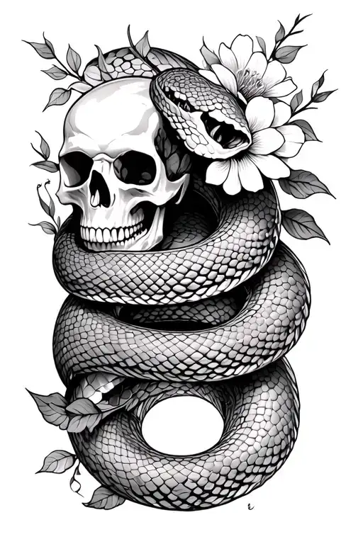 Snake Loosely Wrapped Around With Skull And Vines And Flowers